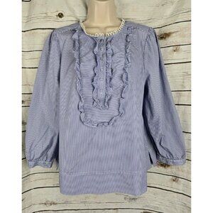 Thomas Mason J Crew Blue Ruffled Popover Top L Striped 3/4 Sleeves Tunic Cotton